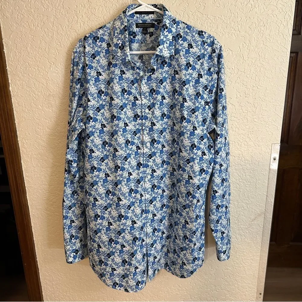Banana Republic Slim Non-Iron ‎ Blue Floral Cotton Men's Long Sleeve Shirt Large